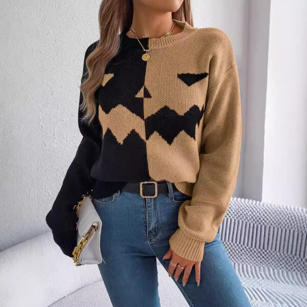 Halloween Contrast-color Pullover Sweater Fashion Long Sleeve Knitted Tops For Womens Clothing - Image 5