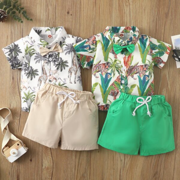 Beach Multi-color Printed Shirt Boys' Shorts Two-piece Set