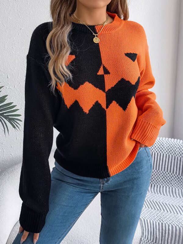 Halloween Contrast-color Pullover Sweater Fashion Long Sleeve Knitted Tops For Womens Clothing - Image 6