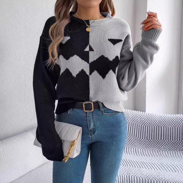 Halloween Contrast-color Pullover Sweater Fashion Long Sleeve Knitted Tops For Womens Clothing - Image 3