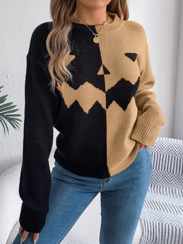 Halloween Contrast-color Pullover Sweater Fashion Long Sleeve Knitted Tops For Womens Clothing - Image 2