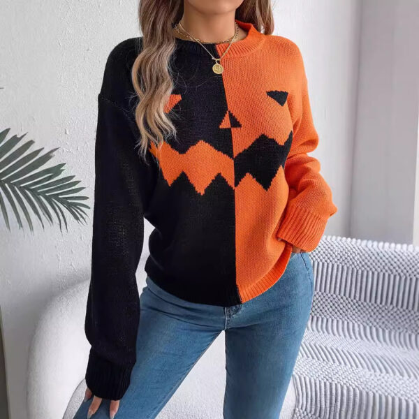 Halloween Contrast-color Pullover Sweater Fashion Long Sleeve Knitted Tops For Womens Clothing - Image 7